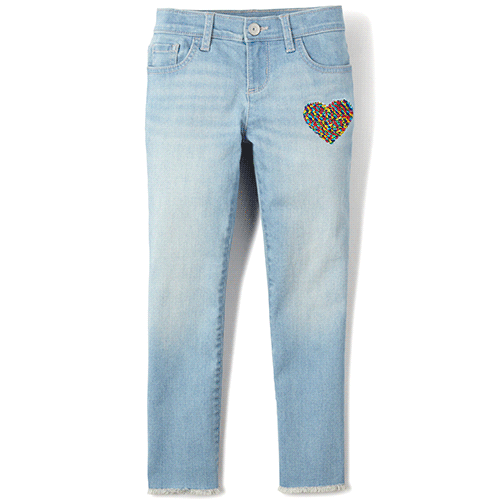 

s Flip Sequin Heart Frayed Hem Super Skinny Jeans - Denim - The Children's Place