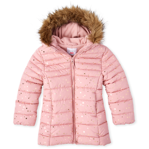 

Girls Foil Star Puffer Jacket - Pink - The Children's Place
