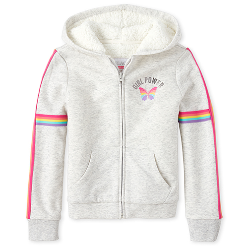 

Girls Rainbow Stripe Girl Power French Terry Zip Up Hoodie - Gray - The Children's Place