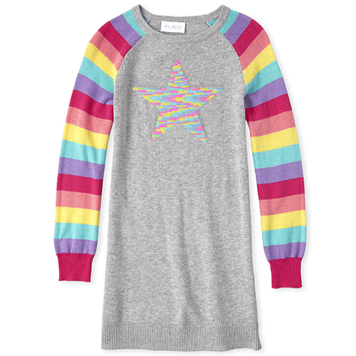 

Girls Rainbow Flip Sequin Star Sweater Dress - Gray - The Children's Place