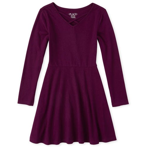 

Girls Criss Cross Neck Skater Dress - Purple - The Children's Place