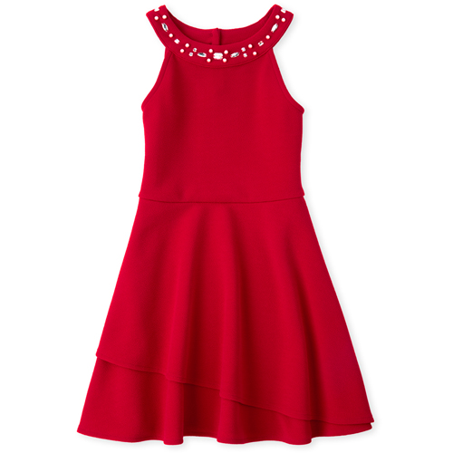 

Girls Jeweled Stretch Jacquard Dress - Red - The Children's Place