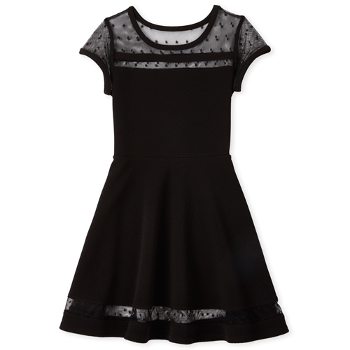 

Girls Dot Mesh Yoke Stretch Jacquard Skater Dress - Black - The Children's Place