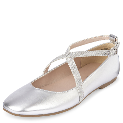 

Girls Glitter Ankle Strap Ballet Flats - Metallic - The Children's Place