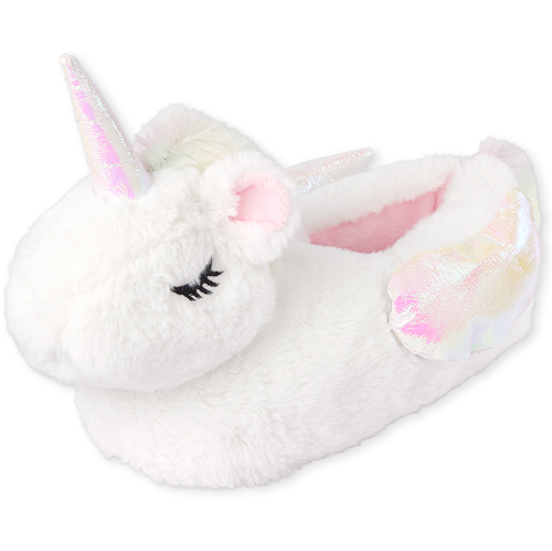 

Girls Iridescent Unicorn Faux Fur Slippers - White - The Children's Place