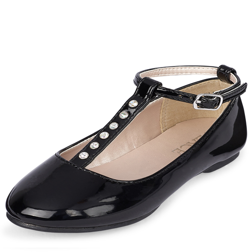 

Baby Girls Toddler Rhinestud T-Strap Ballet Flats - Black - The Children's Place