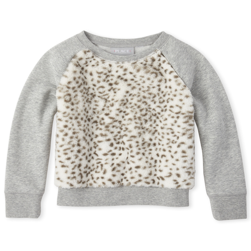 

Girls Faux Fur Animal French Terry Sweatshirt - Gray - The Children's Place