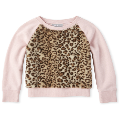 

Girls Faux Fur Animal French Terry Sweatshirt - Pink - The Children's Place