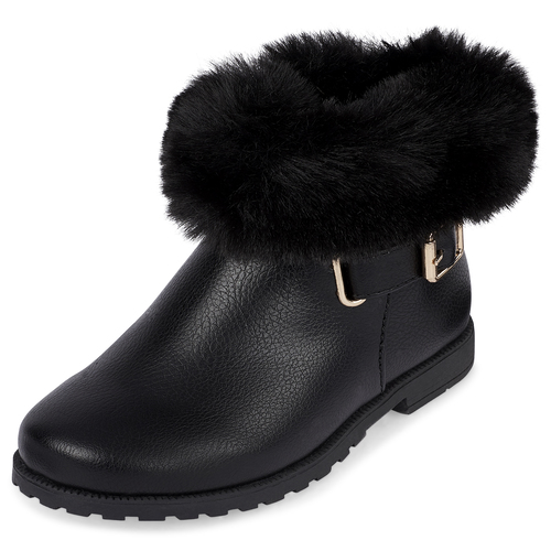 

Baby Girls Toddler Faux Fur Trim Booties - Black - The Children's Place