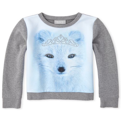 

Girls Jeweled Animal French Terry Sweatshirt - Gray - The Children's Place