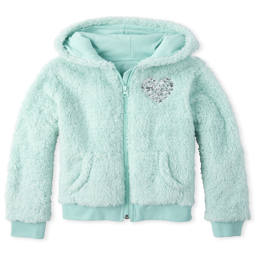 

Girls Sequin Metallic Faux Fur Zip Up Hoodie - Green - The Children's Place