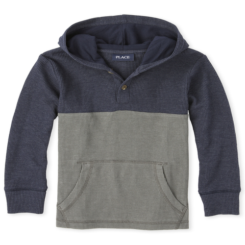

s Boys Colorblock Thermal Henley Hoodie Top - Blue - The Children's Place