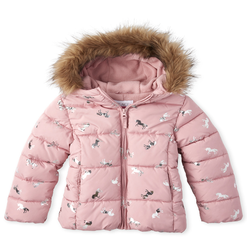 

Girls Foil Unicorn Puffer Jacket - Pink - The Children's Place