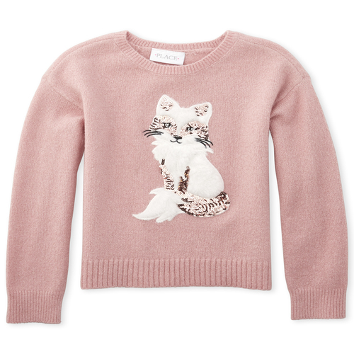 

Girls Faux Fur Embellished Fox Sweater - Pink - The Children's Place