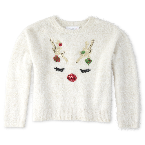 

Girls Sequin Reindeer Eyelash Sweater - White - The Children's Place