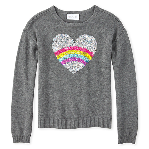 

Girls Sequin Rainbow Heart Sweater - Gray - The Children's Place