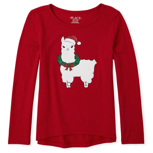 

Girls Sequin Christmas Llama Top - Red - The Children's Place