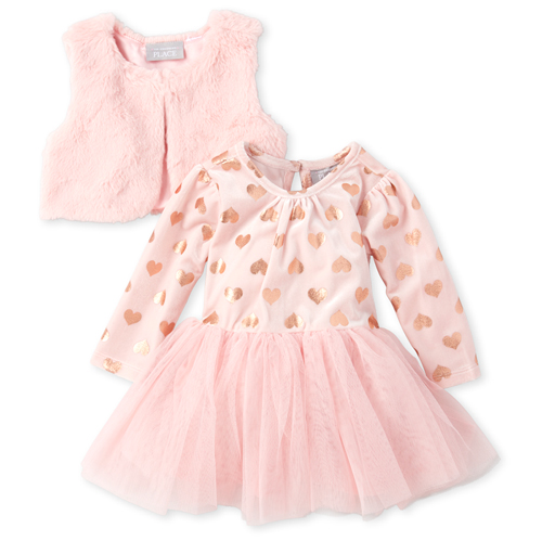 

Newborn Baby Foil Heart Velour Outfit Set - Pink - The Children's Place