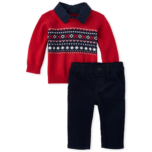 

Newborn Baby Boys Fair Isle Matching Button Neck Sweater Set - Red - The Children's Place