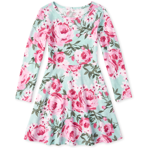 

Girls Floral Matching Skater Dress - Green - The Children's Place