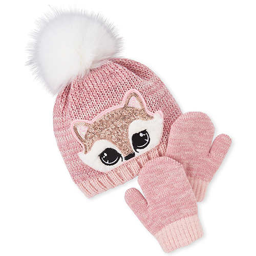 

Baby Girls Toddler Sequin Fox Pom Pom Beanie And Mittens Set - Pink Hat - The Children's Place