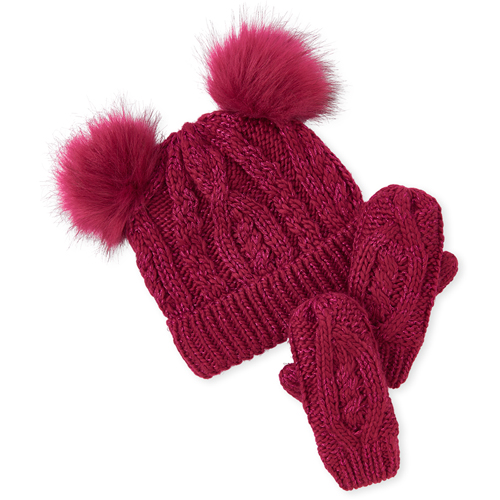 

Baby Girls Toddler Glitter Cable Knit Pom Pom Beanie And Mittens Set - Pink Hat - The Children's Place