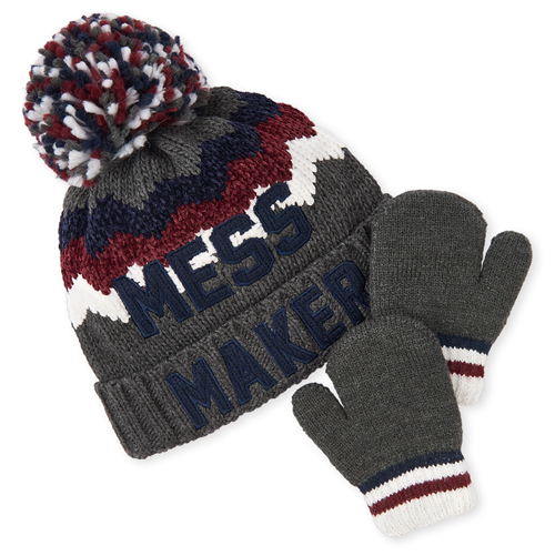 

Baby Boys Toddler Boys Mess Maker Pom Pom Beanie And Mittens Set - Gray Hat - The Children's Place