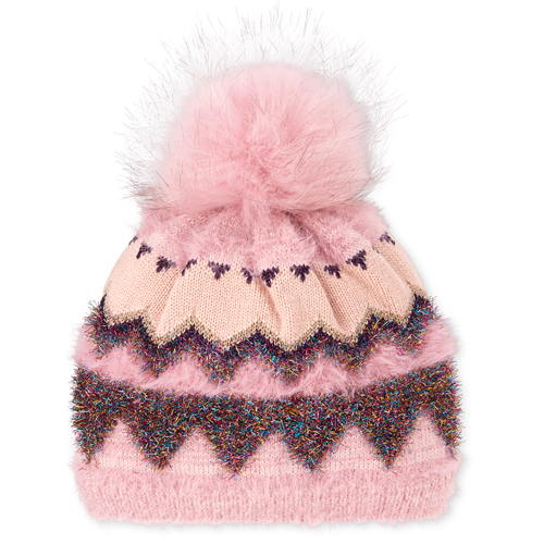 

Girls Metallic Fair Isle Eyelash Pom Pom Beanie - Pink Hat - The Children's Place