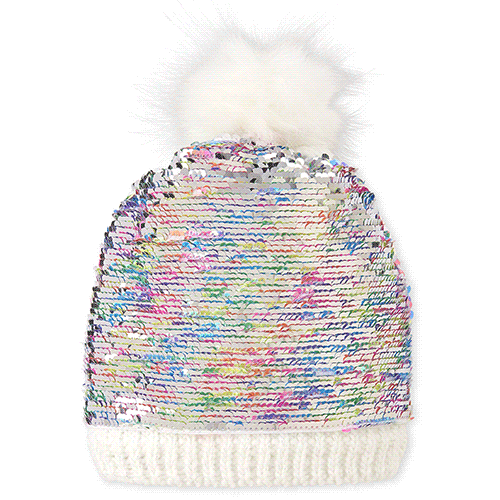 

Girls Rainbow Flip Sequin Pom Pom Beanie - White Hat - The Children's Place