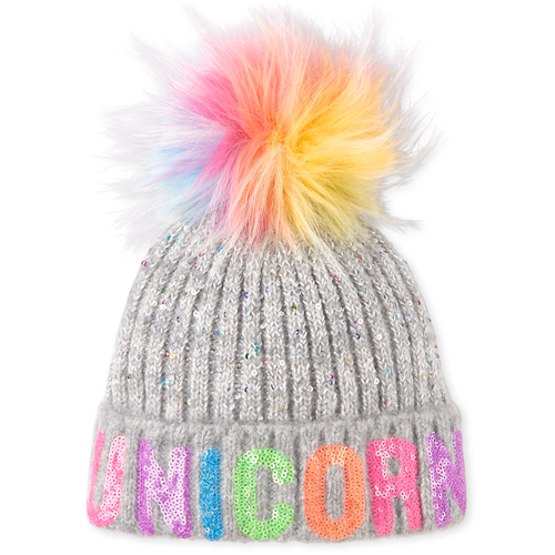

Girls Sequin Unicorn Pom Pom Beanie - Gray Hat - The Children's Place