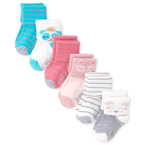 

Newborn Baby And Toddler Glitter Animal Turn Cuff Socks 6-Pack - White - The Children's Place