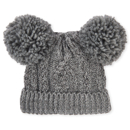 

Girls Glitter Cable Knit Pom Pom Beanie - Gray Hat - The Children's Place