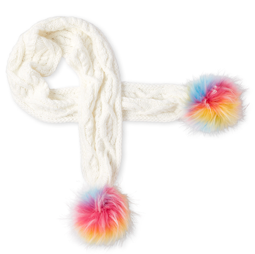 

Girls Rainbow Pom Pom Cable Knit Scarf - White - The Children's Place