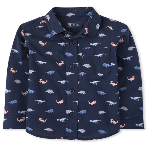 

s Baby And Toddler Boys Dino Poplin Button Down Shirt - Blue - The Children's Place
