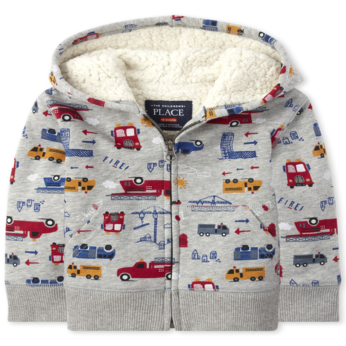 

s Baby And Toddler Boys Truck Sherpa Fleece Zip Up Hoodie - Gray - The Children's Place