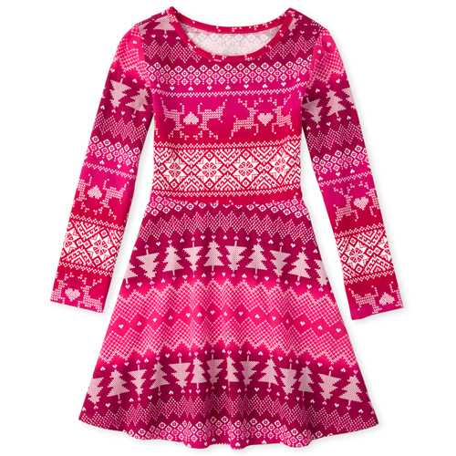 

Girls Christmas Fair Isle Matching Skater Dress - Red - The Children's Place