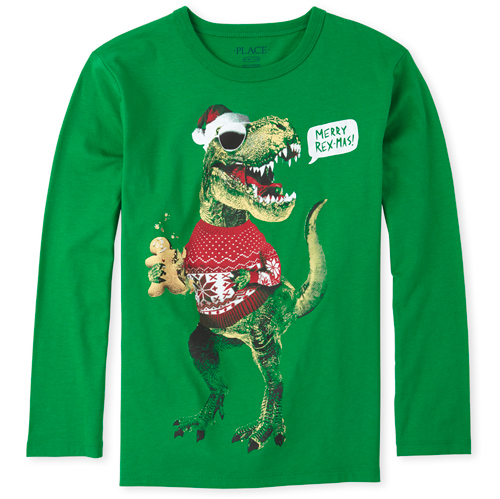 

s Boys Christmas Dino Graphic Tee - Green T-Shirt - The Children's Place