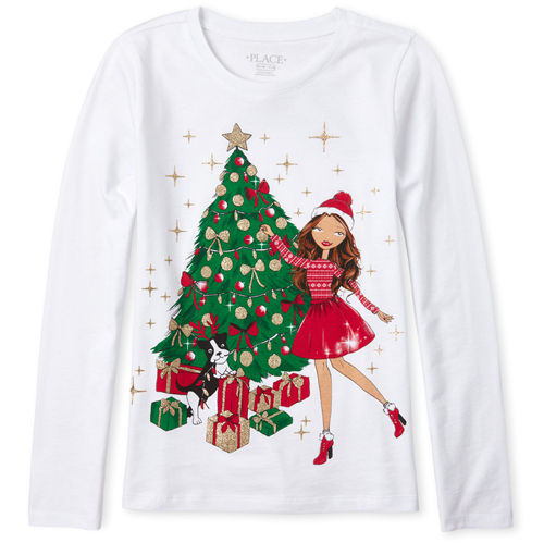 

Girls Glitter Christmas Graphic Tee - White T-Shirt - The Children's Place