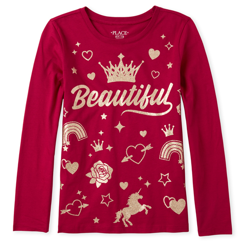 

Girls Glitter Beautiful Graphic Tee - Pink T-Shirt - The Children's Place