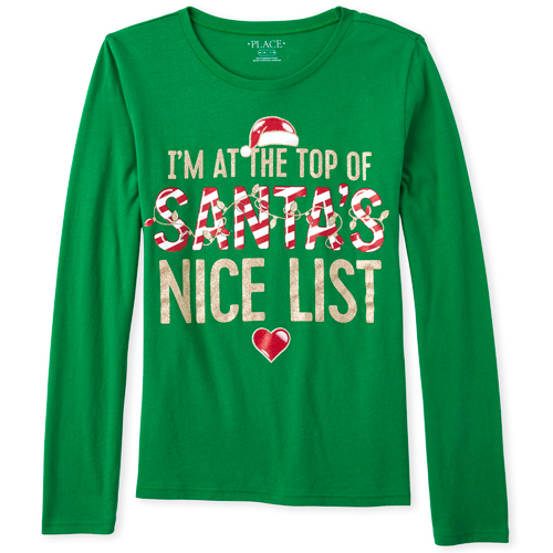 

Girls Glitter Santa's Nice List Matching Graphic Tee - Green T-Shirt - The Children's Place