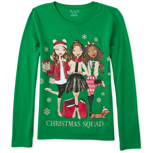 

Girls Glitter Christmas Squad Graphic Tee - Green T-Shirt - The Children's Place