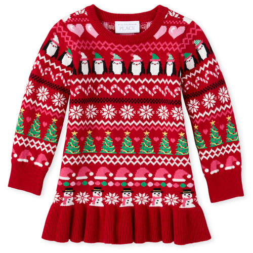 

s Toddler And Penguin Party Fair Isle Ruffle Hem Sweater Dress - Red - The Children's Place