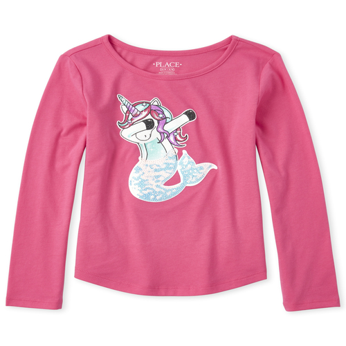 

Girls Embellished Mermaidcorn Curved Hem Top - Pink - The Children's Place