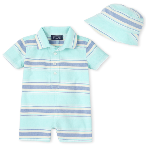

Newborn Baby Boys Striped Oxford Button Down Romper And Bucket Hat 2-Piece Set - Green - The Children's Place