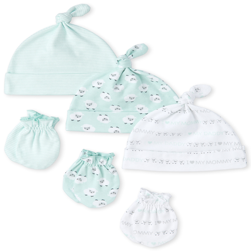 

Newborn Unisex Baby Sheep Knotted Hat And Mittens 6-Piece Set - Green - The Children's Place