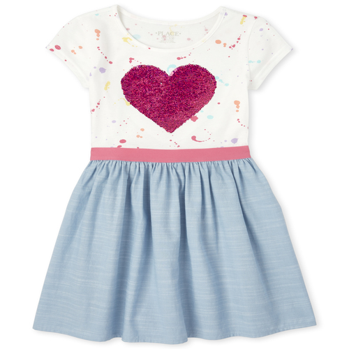 

Girls Flip Sequin Heart Knit To Woven Dress - Denim - The Children's Place