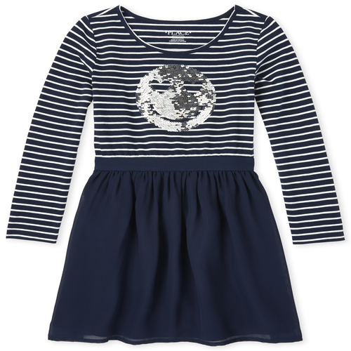 

Girls Flip Sequin Smiley Face Knit To Woven Dress - Blue - The Children's Place