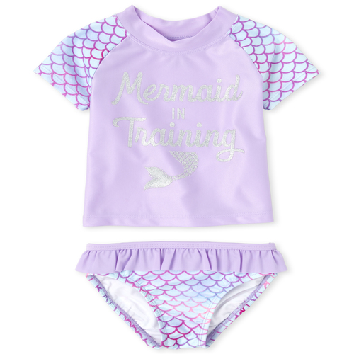 

Newborn Baby And Toddler Glitter Mermaid Rashguard Swimsuit - Purple - The Children's Place