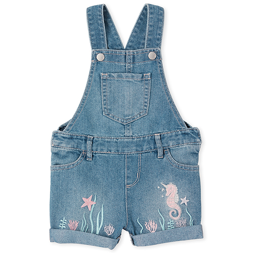 

Newborn Baby And Toddler Embroidered Seahorse Roll Cuff Denim Shortalls - The Children's Place