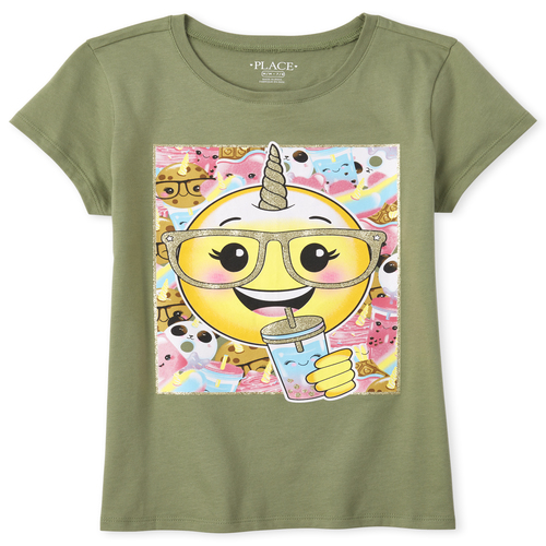 

Girls Glitter Emojicorn Graphic Tee - Green T-Shirt - The Children's Place